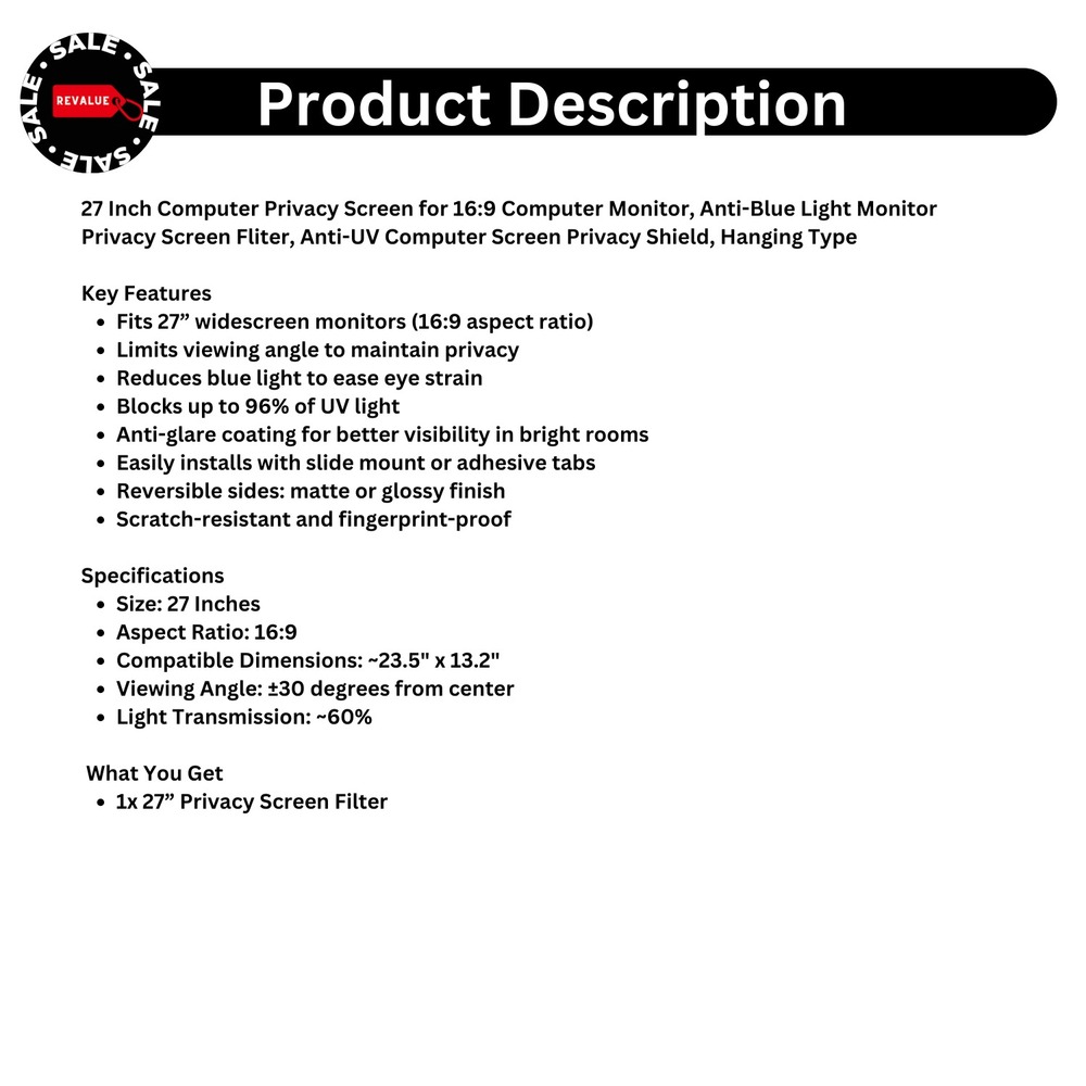 27 Inch Privacy Screen for 16:9 Monitor – Anti-Blue Light & Anti-UV Protection - Picture 2 of 13